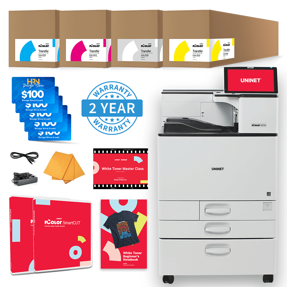 Uninet IColor 800W Pro White Toner DTF Printer with IColor ProRIP, SmartCUT Software, Masterclass, and Rolling Cart Storage - HeatPressNation
