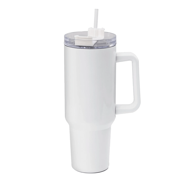 HPN SubliCraft 40 oz. Sublimation Stainless Steel Travel Mug w/ Straw and Handle - White - 20 Per Case - HeatPressNation